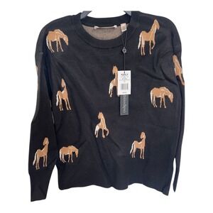 Catherine Malandrino Womens Horse Intarsia Crewneck Sweater Black Small NEW